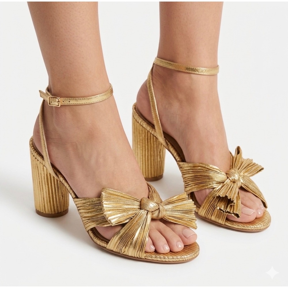 Gold Metallic Pleated Bow Block Heel Sandals Ankle Strap Evening Shoes 9.5 10